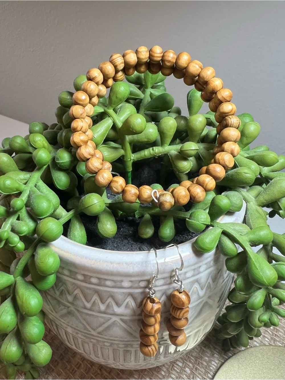 Natural Wood Bead memory wire Bracelet & Earrings Set - Tan